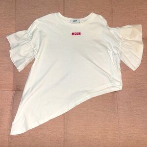 MSGM White Tee with Pink Logo and Ruffled Sleeves - excellent conditions -12yy